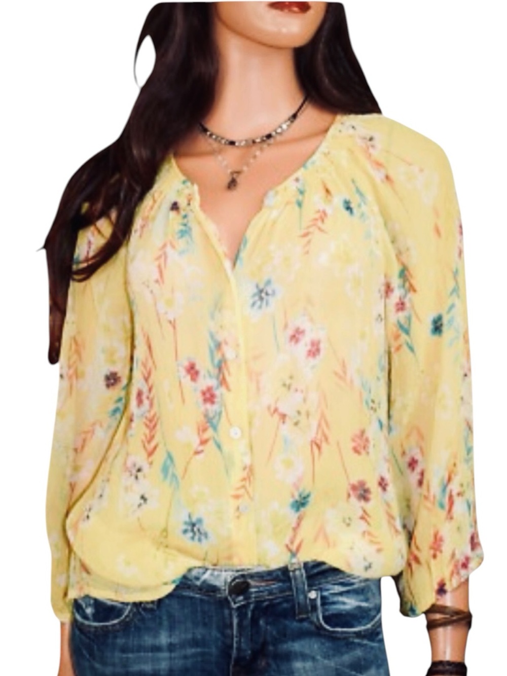 Sundance | Megan’s Sweet William Yellow Silk Peasant Blouse Sz M EUC